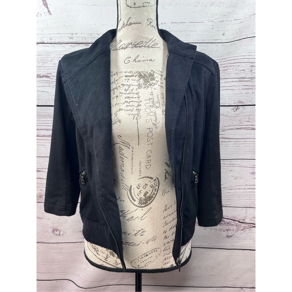 ELIE TAHARI FOR DESIGNATION Black Moto Jacket‎ Faux Leather Trim Womens Size M